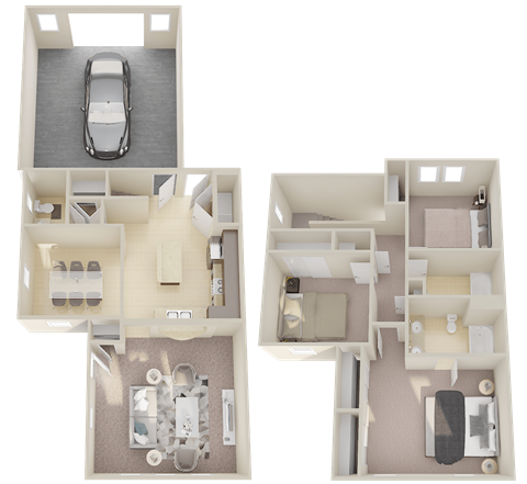 a 3d floor plan of a house with a car in the garage